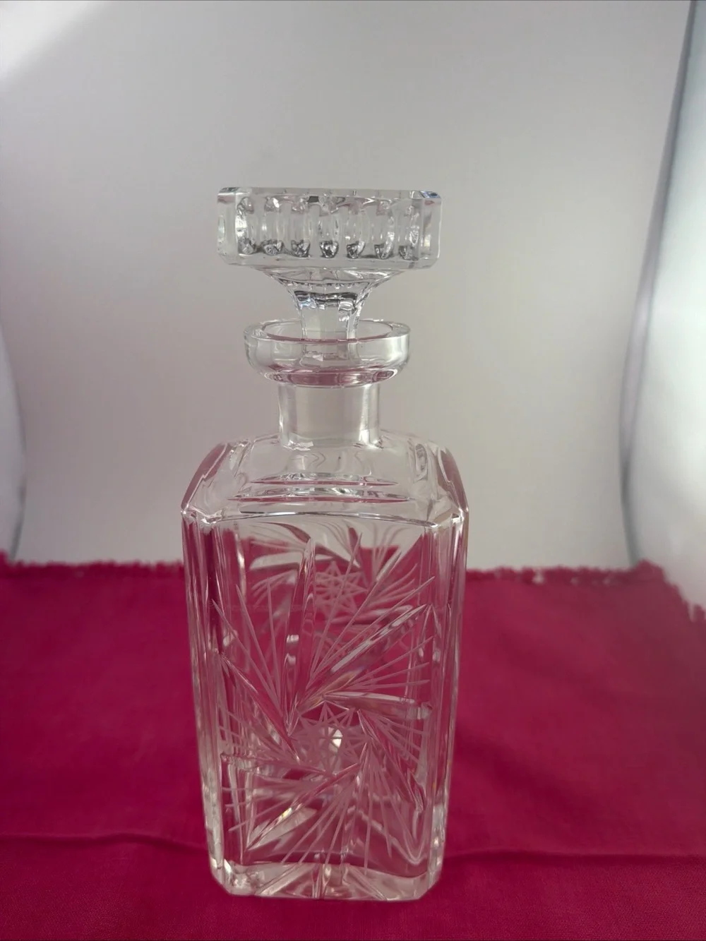 Vintage Clear Cut Crystal Pinwheel Square Decanter with Stopper